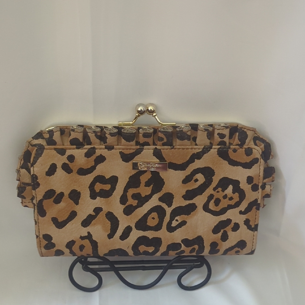 Jessica Simpson Leopard Print Clutch Wallet with Kisslock Gold Accents